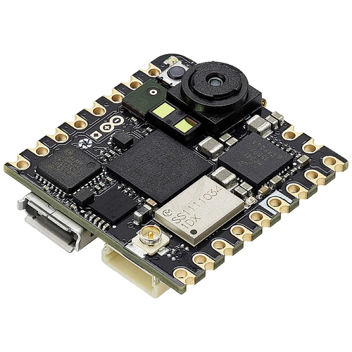 Mikrocontroller-Platine mit Kamera und verschiedenen Anschlüssen und elektronischen Bauteilen für Sensor- und Verbindungsanwendungen.